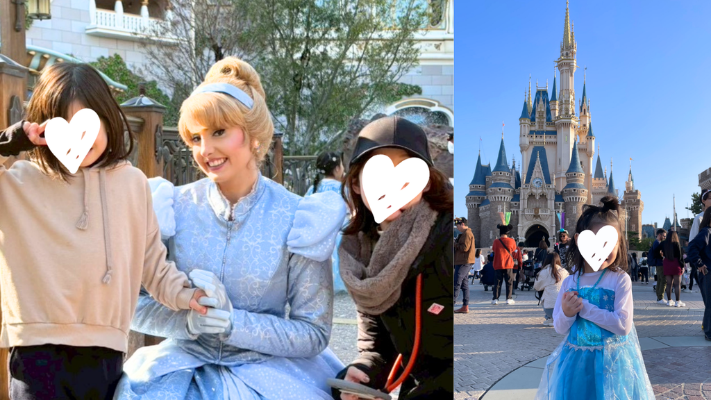 東京ディズニーランドで撮影した家族とキャラクター、シンデレラ城前の子ども