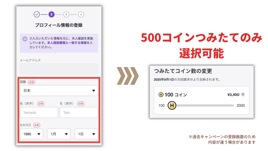 HafHのプロフィール情報入力と、キャンペーンでは500コインつみたてのみ選べることを示す手順画像