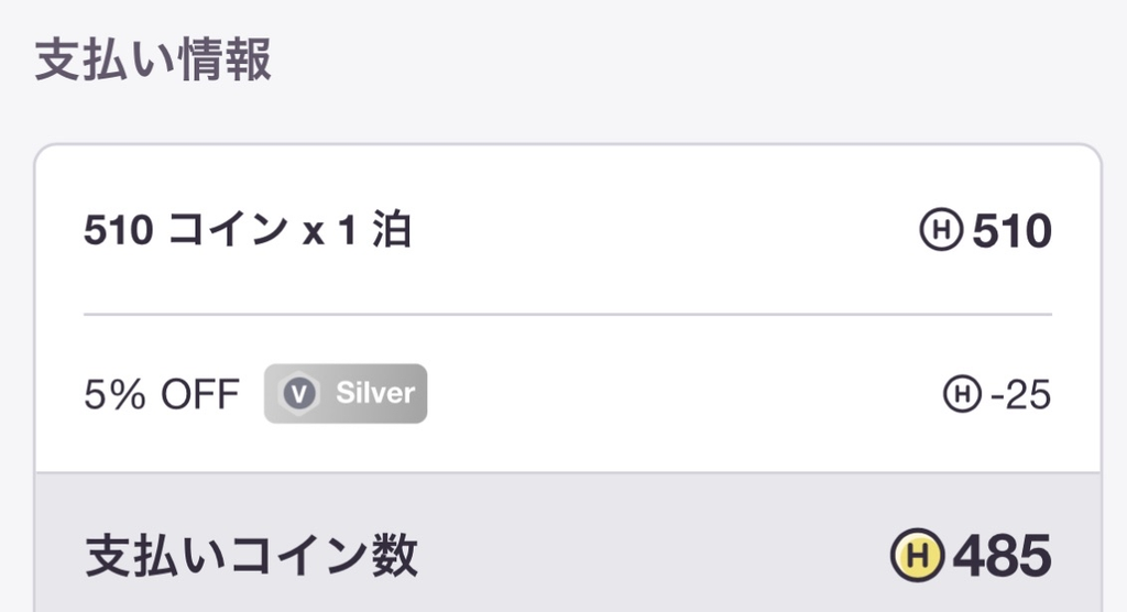 HafHのSilver会員5％OFFが適用され、510コインから支払い485コインになる画面
