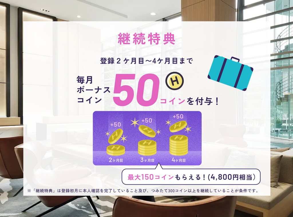 登録2ヶ月目から4ヶ月目まで毎月50コイン、最大150コインが付与される継続特典